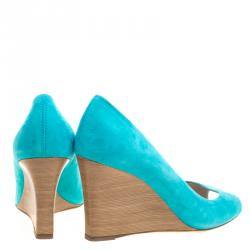 مملوكة مسبقًا Tod's Turquoise Blue Suede Peep Toe Wedge Pumps Size 40