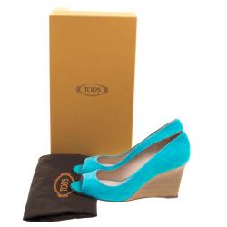 مملوكة مسبقًا Tod's Turquoise Blue Suede Peep Toe Wedge Pumps Size 40