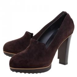 Pre Owned حذاء كعب عالي تودز لوفر سويدي بني نعل سميك مقاس 39.5