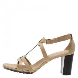 Pre Owned صندل تودز جلد بيج و ميتاليك سير حرف T مقاس 41