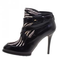مملوكة مسبقًا Tod's Black Leather and Zebra Print Hair On Ankle Boots Size 37