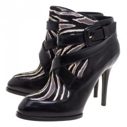 مملوكة مسبقًا Tod's Black Leather and Zebra Print Hair On Ankle Boots Size 37