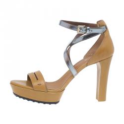 Tod's Tan and Metallic Leather Ankle Wrap Platform Sandals Size 38 