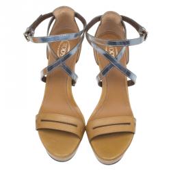 Tod's Tan and Metallic Leather Ankle Wrap Platform Sandals Size 38 