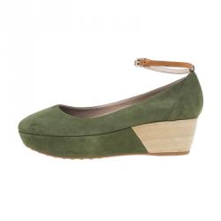 Tod's Green Suede Ankle Strap Platform Wedge Pumps Size 38.5