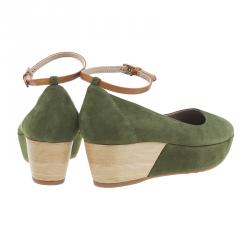 Tod's Green Suede Ankle Strap Platform Wedge Pumps Size 38.5