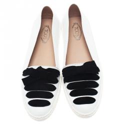 Tod's Black and White Leather Lace-Up Gommino Slip On Espadrilles Size 40