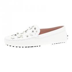 Tod's White Leather Gommini Guitar Pins Embellished Loafers Size 40