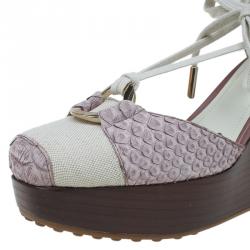 Tod's Lavender  Python and Brown Cavnas Tie Up Wedge Sandals Size 38