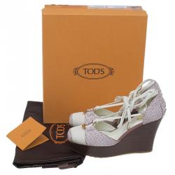 Tod's Lavender  Python and Brown Cavnas Tie Up Wedge Sandals Size 38