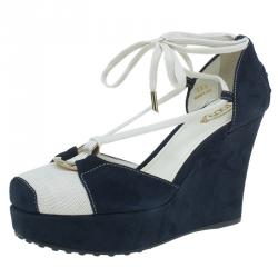 Tod's Navy Blue Suede and Canvas Lace Up Wedge Sandals Size 39.5