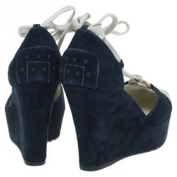 Tod's Navy Blue Suede and Canvas Lace Up Wedge Sandals Size 39.5