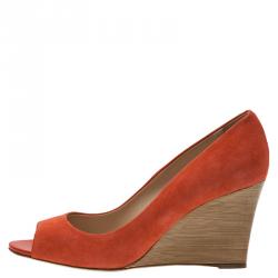 Pre Owned Tod's Coral Suede Peep Toe Wedge Pumps Size 40.5