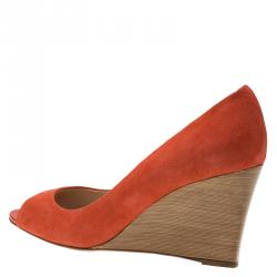 Pre Owned Tod's Coral Suede Peep Toe Wedge Pumps Size 40.5