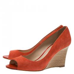 Pre Owned Tod's Coral Suede Peep Toe Wedge Pumps Size 40.5
