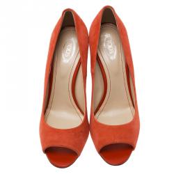 Pre Owned Tod's Coral Suede Peep Toe Wedge Pumps Size 40.5
