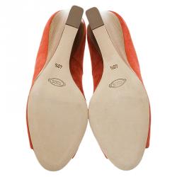 Pre Owned Tod's Coral Suede Peep Toe Wedge Pumps Size 40.5