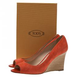 Pre Owned Tod's Coral Suede Peep Toe Wedge Pumps Size 40.5