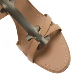Pre Owned Tod's Beige Leather and Metallic T-Strap Sandals Size 37.5