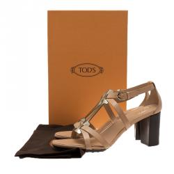 Pre Owned Tod's Beige Leather and Metallic T-Strap Sandals Size 37.5