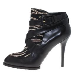 Pre Owned Tod's Black Leather and  Zebra Print Hair On Ankle Boots Size 38