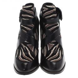 Pre Owned Tod's Black Leather and  Zebra Print Hair On Ankle Boots Size 38