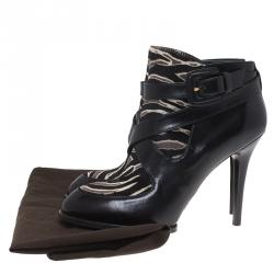 Pre Owned Tod's Black Leather and  Zebra Print Hair On Ankle Boots Size 38