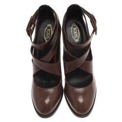 Pre Owned Tod's Brown Leather Cross Strap Pumps Size 39