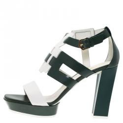 Pre Owned Tod's Green and White Leather Cutout Platform Sandals Size 38
