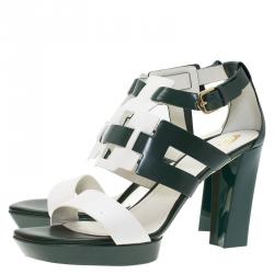 Pre Owned Tod's Green and White Leather Cutout Platform Sandals Size 38