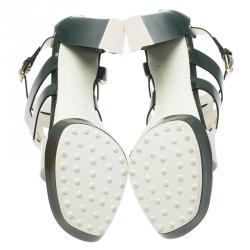 Pre Owned Tod's Green and White Leather Cutout Platform Sandals Size 38