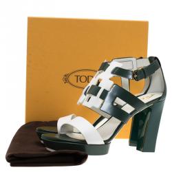 Pre Owned Tod's Green and White Leather Cutout Platform Sandals Size 38