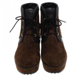 Pre Owned Tod's Brown Suede and Black Leather Lace Up Wedge Ankle Boots Size 36