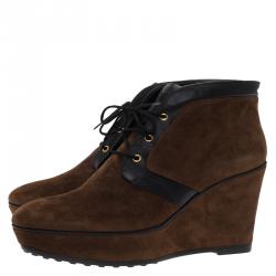 Pre Owned Tod's Brown Suede and Black Leather Lace Up Wedge Ankle Boots Size 36