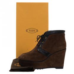 Pre Owned Tod's Brown Suede and Black Leather Lace Up Wedge Ankle Boots Size 36