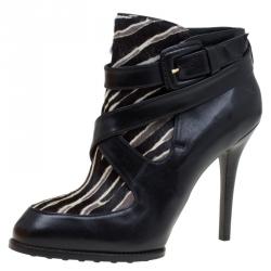 Pre Owned Tod's Black Leather and Zebra Print Hair On Ankle Boots Size 37