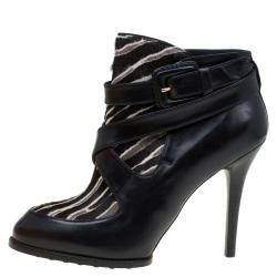 Pre Owned Tod's Black Leather and Zebra Print Hair On Ankle Boots Size 37