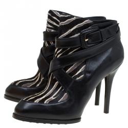 Pre Owned Tod's Black Leather and Zebra Print Hair On Ankle Boots Size 37