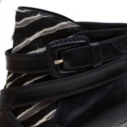 Pre Owned Tod's Black Leather and Zebra Print Hair On Ankle Boots Size 37