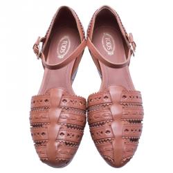 Pre Owned Tod's Brown Cutout Leather Ankle Strap Wedge Sandals Size 38