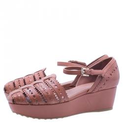 Pre Owned Tod's Brown Cutout Leather Ankle Strap Wedge Sandals Size 38