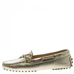 Pre Owned Tod's Metallic Gold Bow Detail Driving Loafers Size 36.5