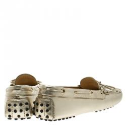 Pre Owned Tod's Metallic Gold Bow Detail Driving Loafers Size 36.5