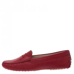 Pre Owned Tod's Red Leather Penny Loafers Size 36.5