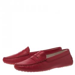 Pre Owned Tod's Red Leather Penny Loafers Size 36.5