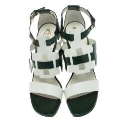 مملوكة مسبقًا Tod's Green and White Leather Cutout Platform Sandals Size 40