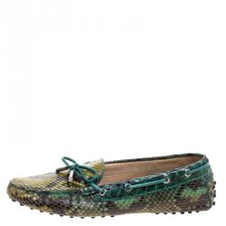 Pre Owned Tod's Green Python Bow Loafers Size 38.5