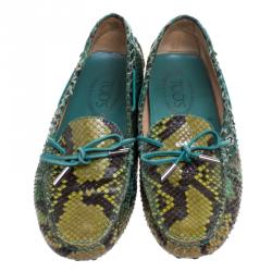Pre Owned Tod's Green Python Bow Loafers Size 38.5