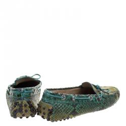 Pre Owned Tod's Green Python Bow Loafers Size 38.5