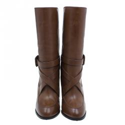 Tod's Brown Leather Cross Strap Knee Boots Size 40